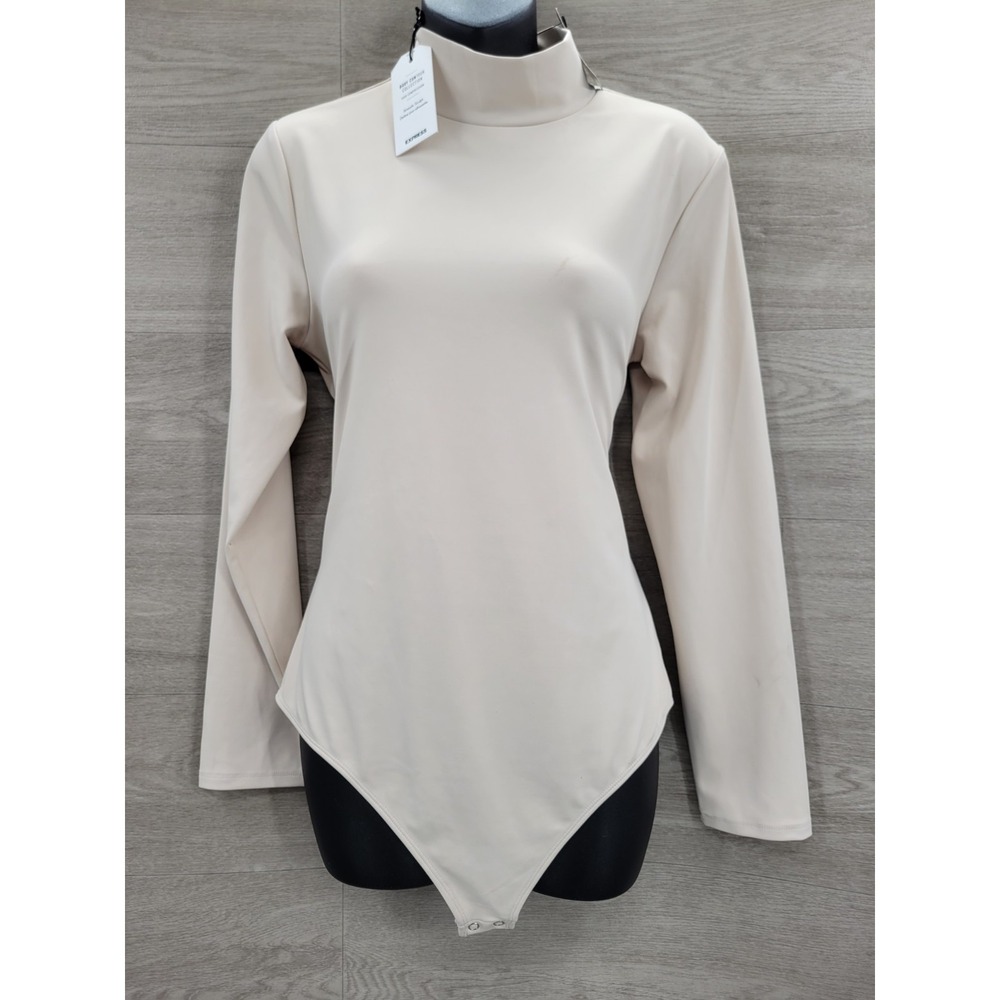 Express Body Contour Bodysuit Women's Large Cream Mock Neck Stretch NWT W/Flaw